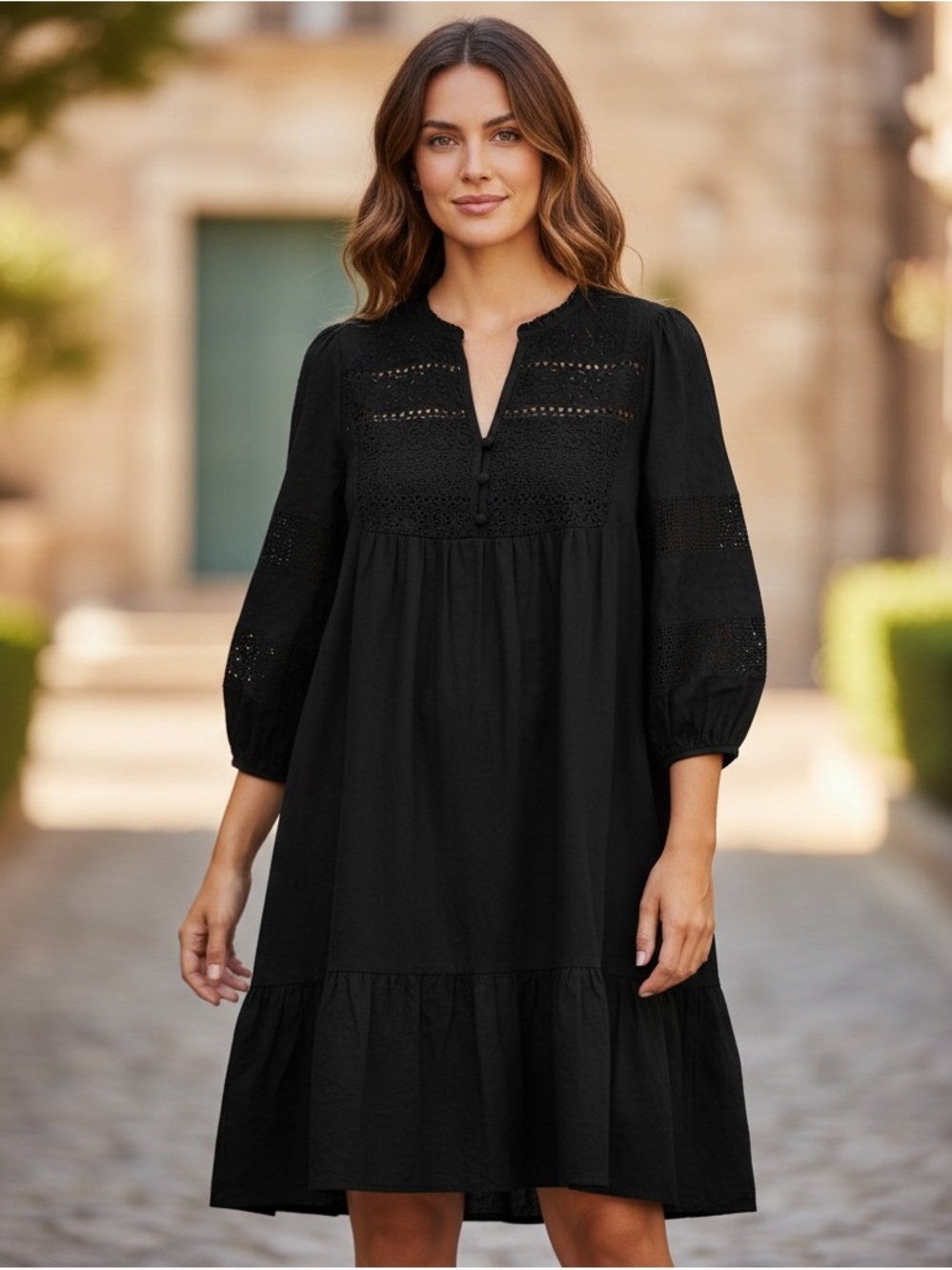 Loft 3/4 Sleeve Drop Waist Boho Embroidered Swiss Dot Lace Dress SZ Large Black